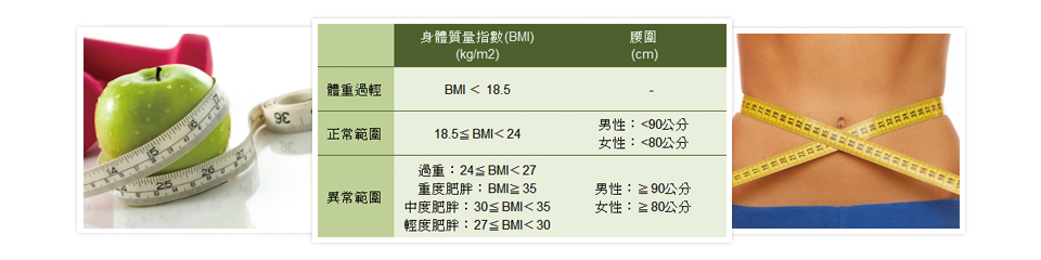 身體質量指數(BMI)與腰圍(cm)之比例範圍參考說明圖